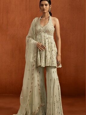 Light Green Embroidered Peplum Style Gharara Suit